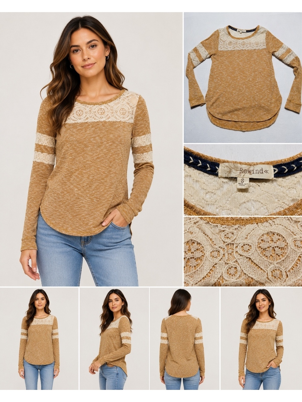 Rewind Women’s Size S Mustard Lace Trim Long Sleeve Knit Top